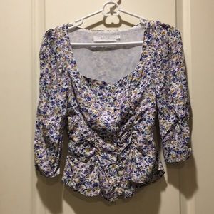 NWOT! ASTR womens ruched button down floral top puff 3/4 sleeves lined size XS
